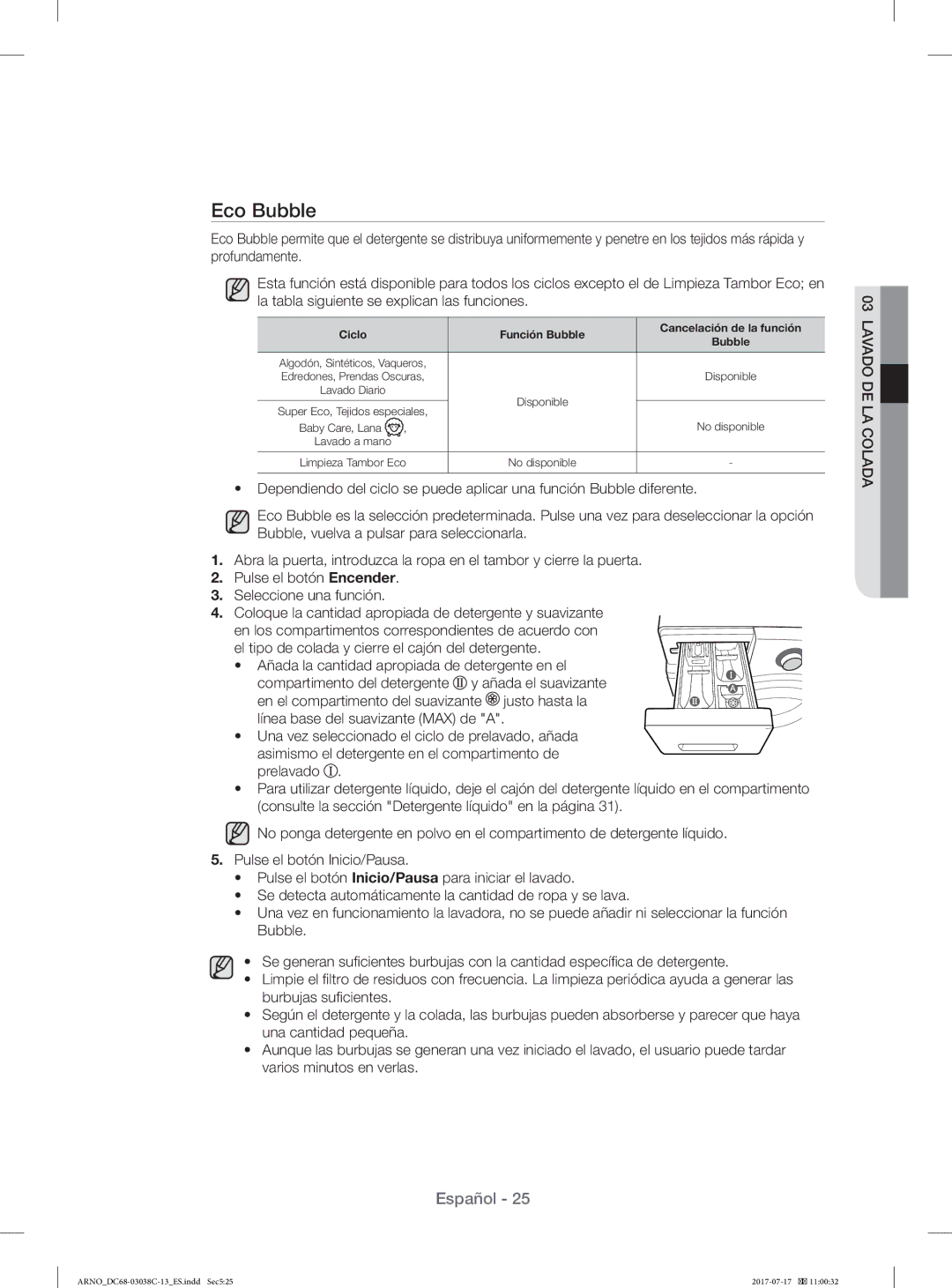 Samsung WF1124XAC/XEC, WF1124XAC/XEU manual Eco Bubble, Ciclo Función Bubble Cancelación de la función 