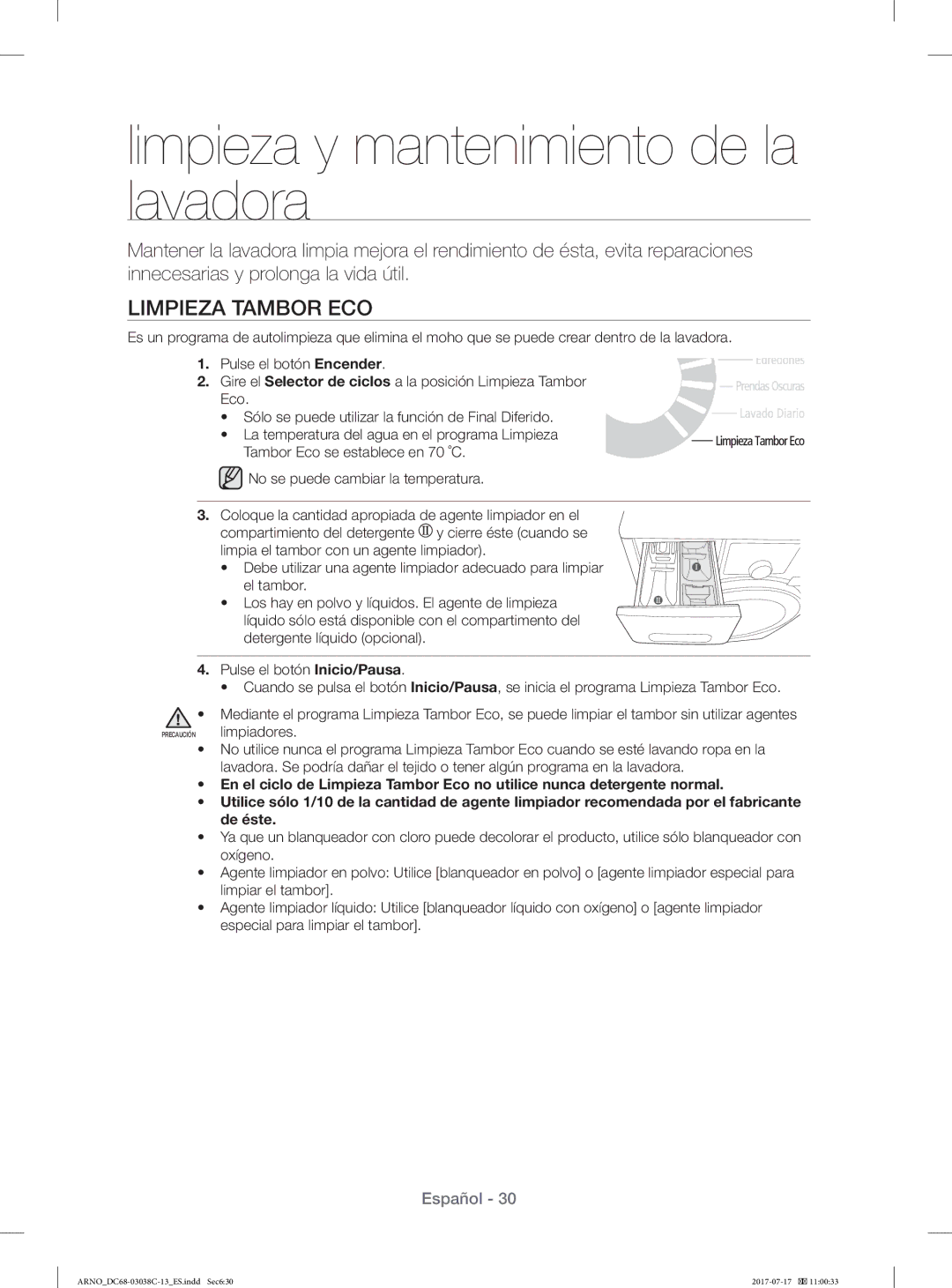 Samsung WF1124XAC/XEU, WF1124XAC/XEC manual Limpieza y mantenimiento de la lavadora, Limpieza Tambor ECO 