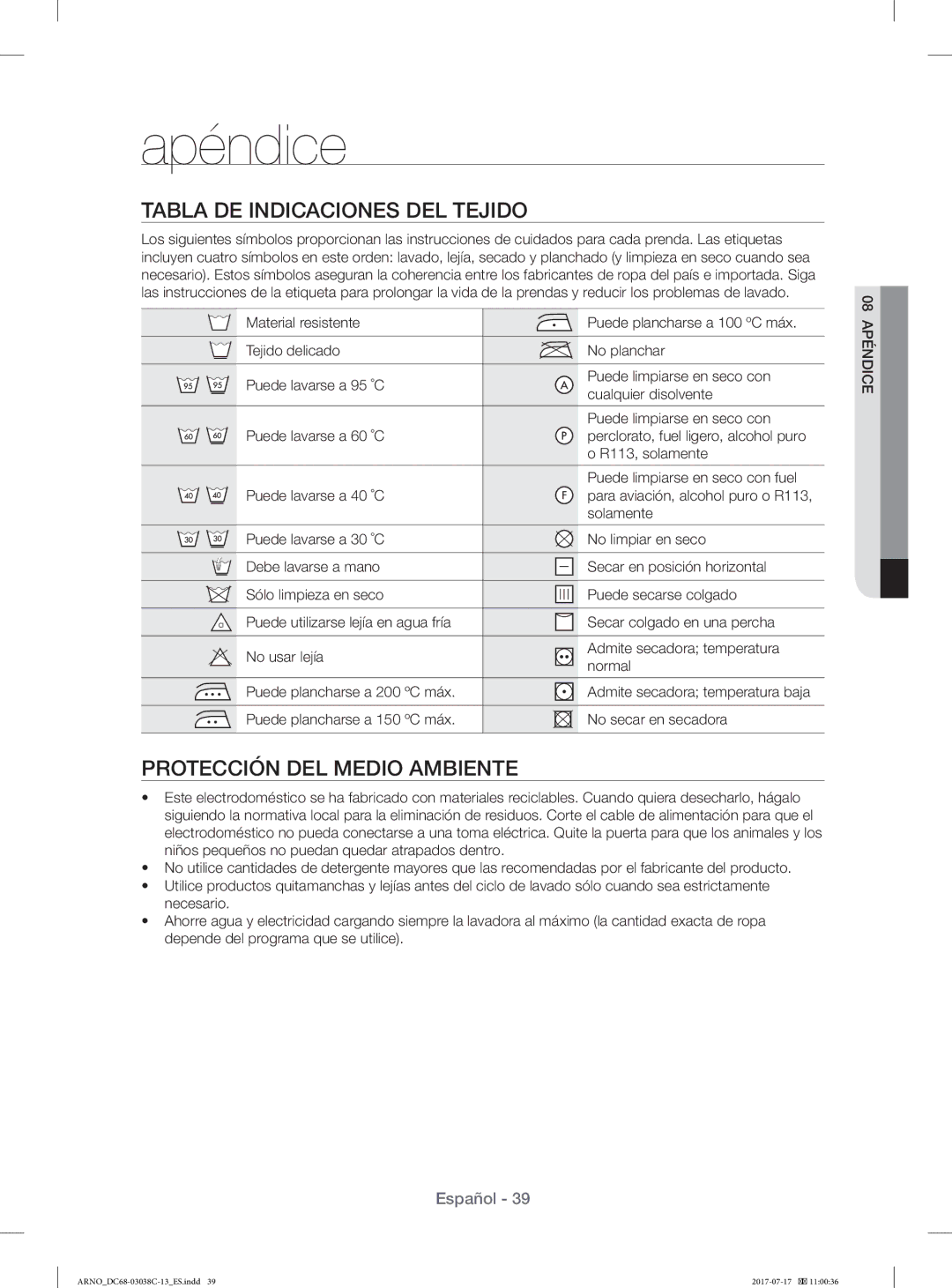 Samsung WF1124XAC/XEC, WF1124XAC/XEU manual Apéndice, Tabla DE Indicaciones DEL Tejido, Protección DEL Medio Ambiente 