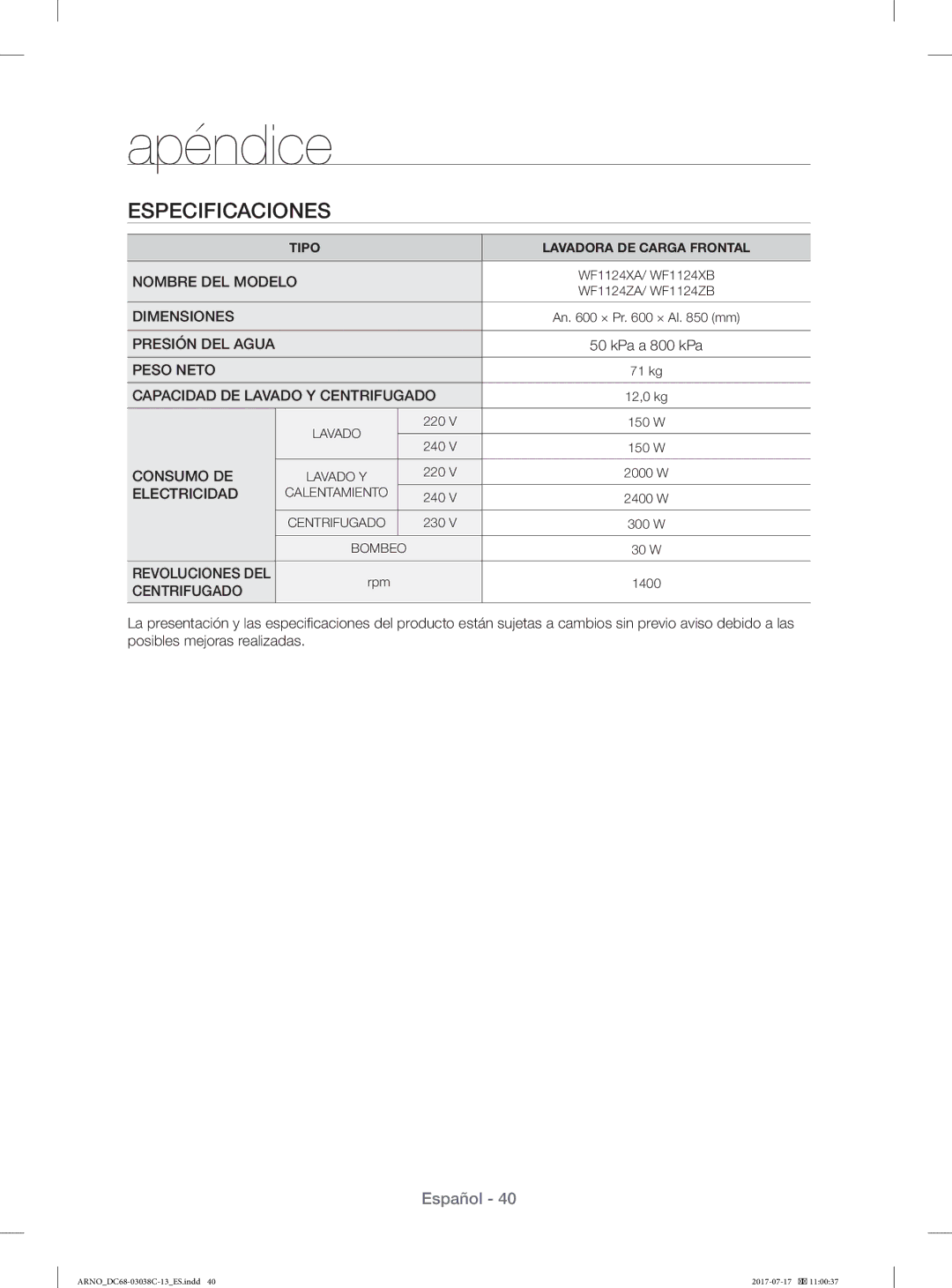 Samsung WF1124XAC/XEU, WF1124XAC/XEC manual Especificaciones, Centrifugado 