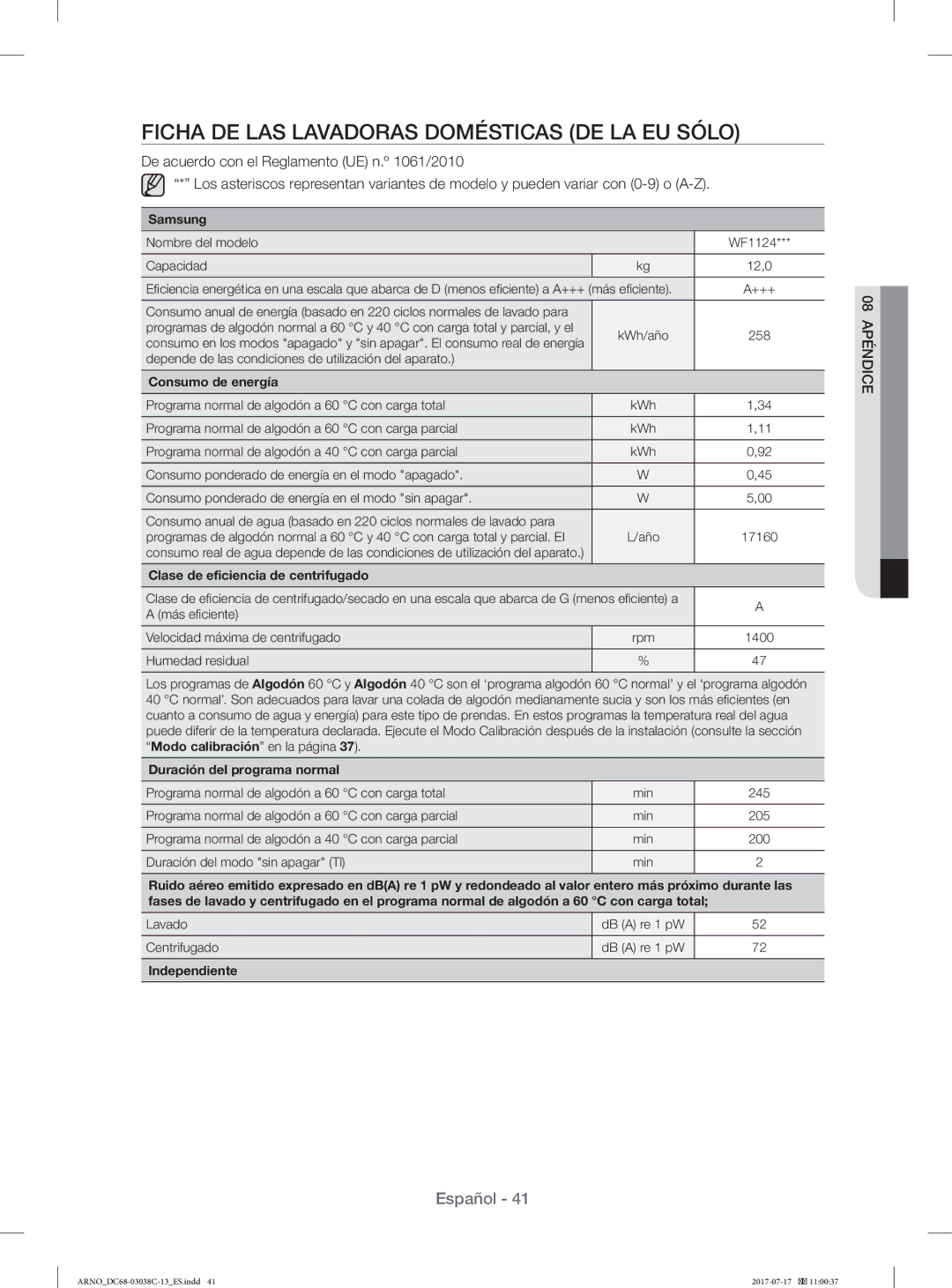 Samsung WF1124XAC/XEC, WF1124XAC/XEU manual Ficha DE LAS Lavadoras Domésticas DE LA EU Sólo, Samsung 