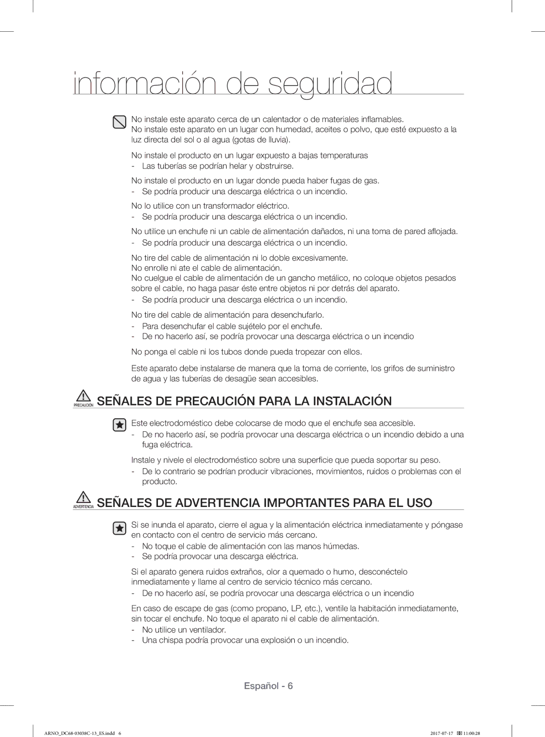 Samsung WF1124XAC/XEU, WF1124XAC/XEC manual Precaución Señales DE Precaución Para LA Instalación 