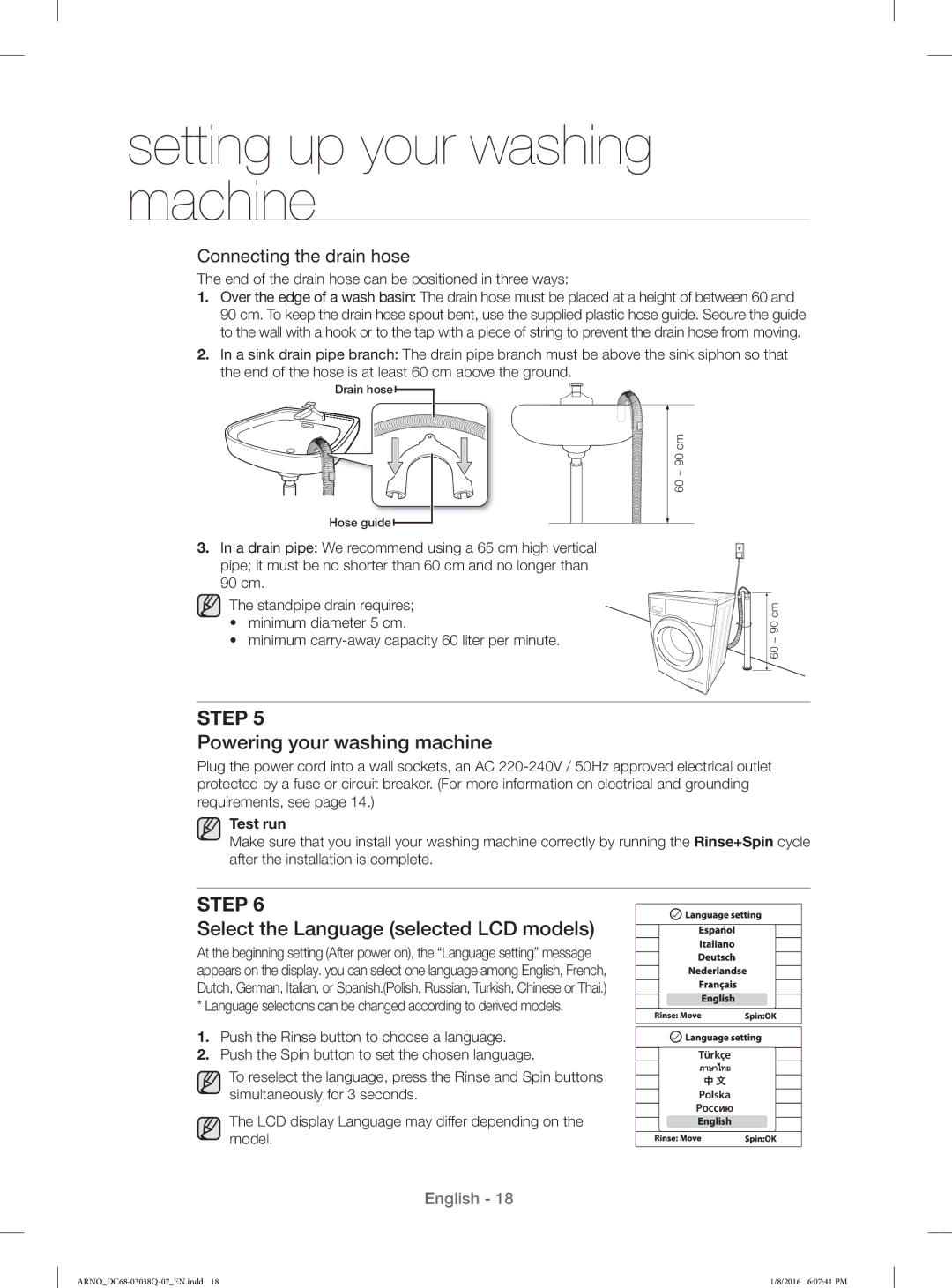 Samsung WF1124XAC/XST manual Powering your washing machine, Select the Language selected LCD models 