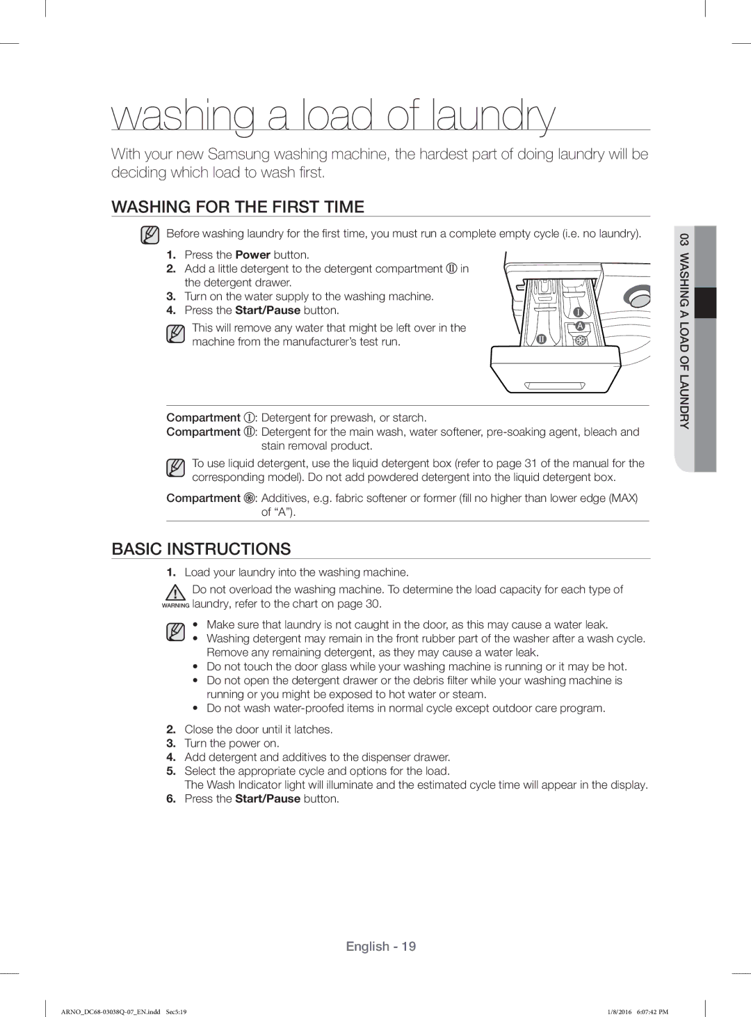 Samsung WF1124XAC/XST manual Washing for the First Time, Basic Instructions 