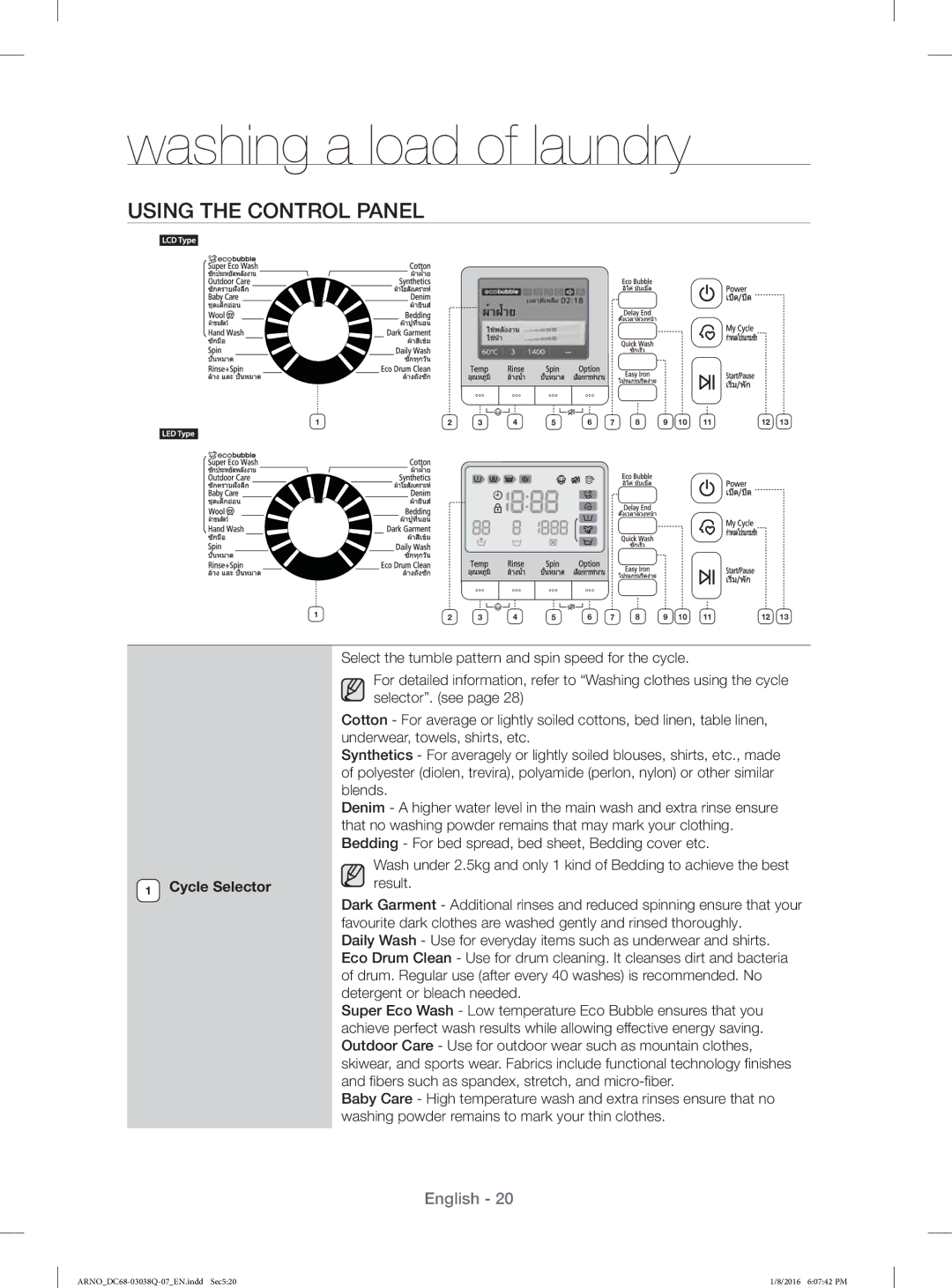 Samsung WF1124XAC/XST manual Using the Control Panel, Cycle Selector Result 