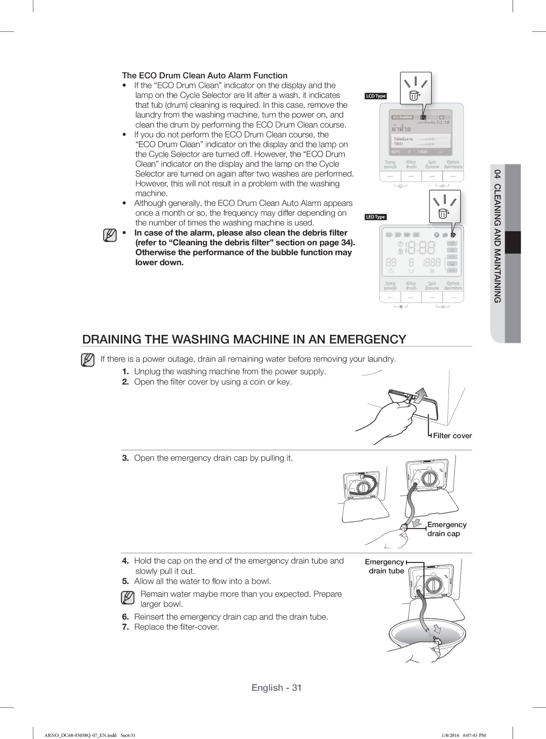 Samsung WF1124XAC/XST manual Draining the Washing Machine in AN Emergency, ECO Drum Clean Auto Alarm Function 