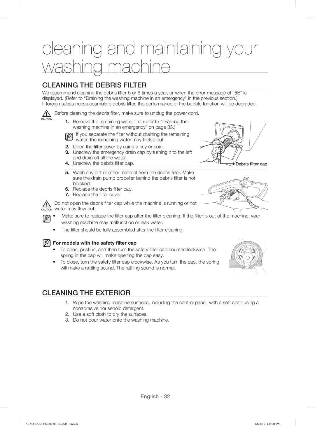 Samsung WF1124XAC/XST manual Cleaning the Debris Filter, Cleaning the Exterior 