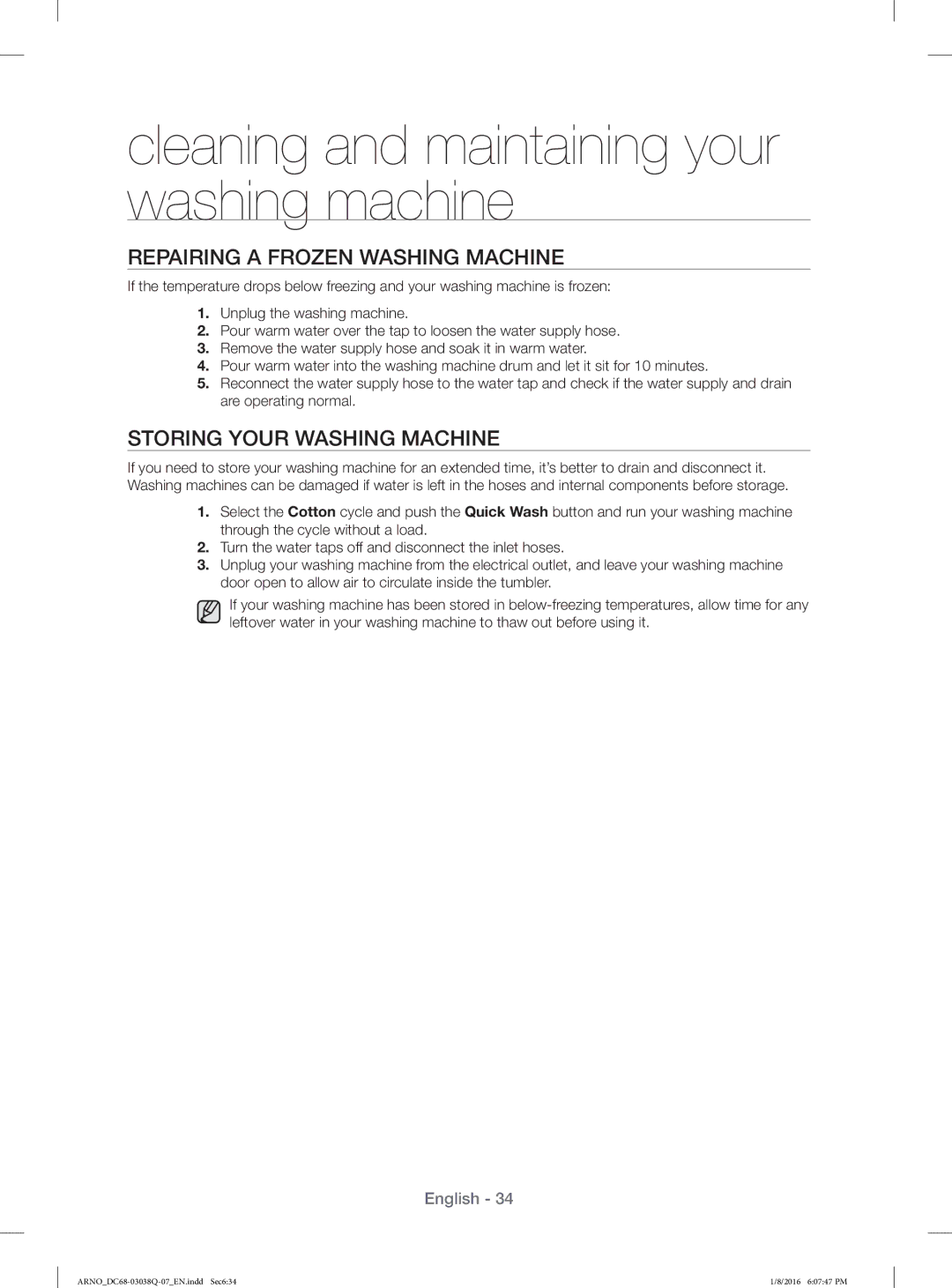 Samsung WF1124XAC/XST manual Repairing a Frozen Washing Machine, Storing Your Washing Machine 