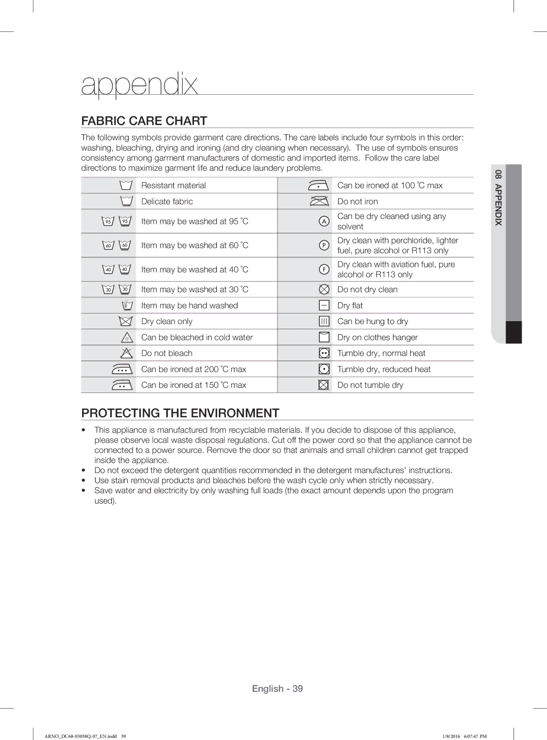 Samsung WF1124XAC/XST manual Fabric Care Chart, Protecting the Environment 