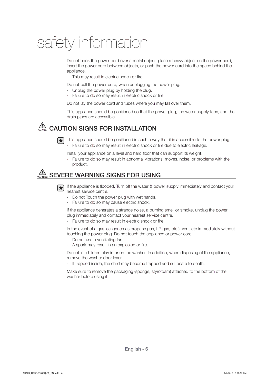 Samsung WF1124XAC/XST manual Safety information 