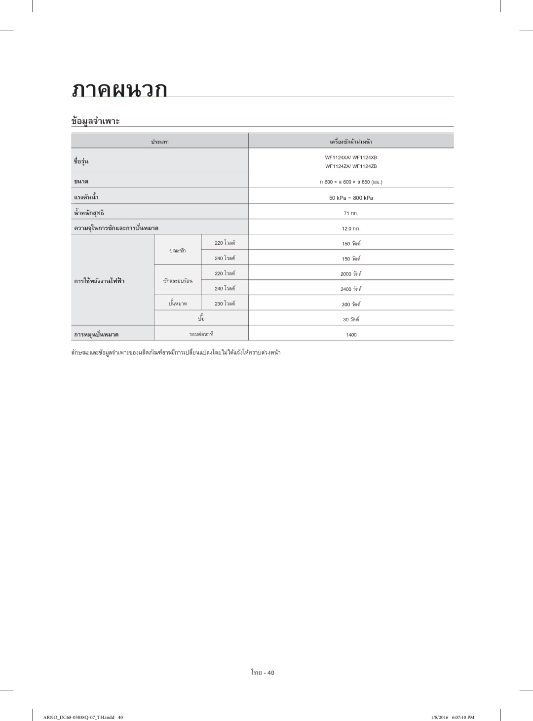 Samsung WF1124XAC/XST manual ข้อมูลจําเพาะ 