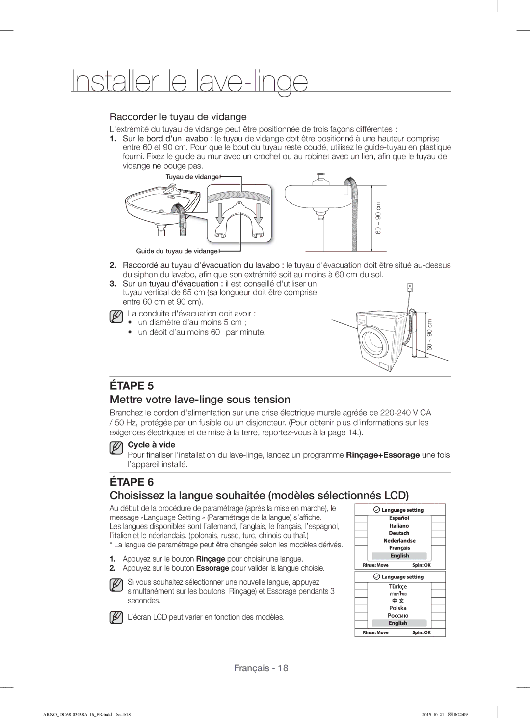 Samsung WF1124XBC/XEF manual Mettre votre lave-linge sous tension, Choisissez la langue souhaitée modèles sélectionnés LCD 