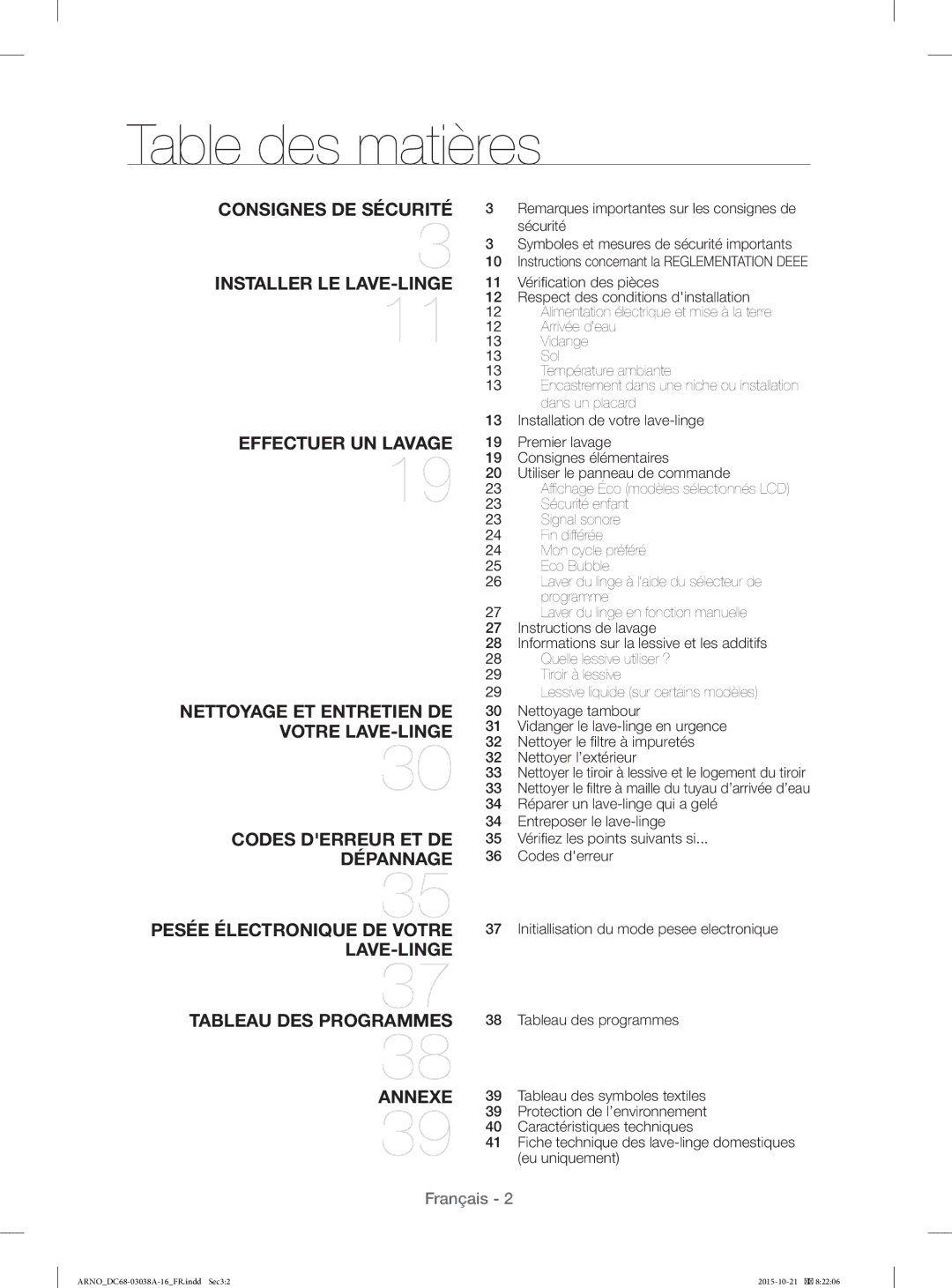 Samsung WF1124XBC/XEF, WF1124XAC/XEF manual Table des matières 