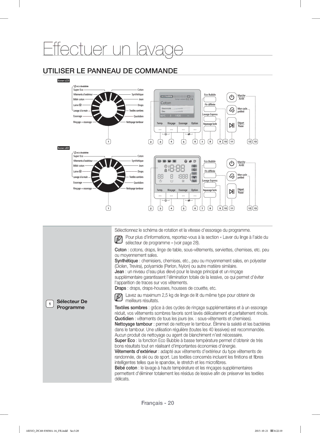 Samsung WF1124XBC/XEF, WF1124XAC/XEF manual Utiliser LE Panneau DE Commande, Sélecteur De Programme 