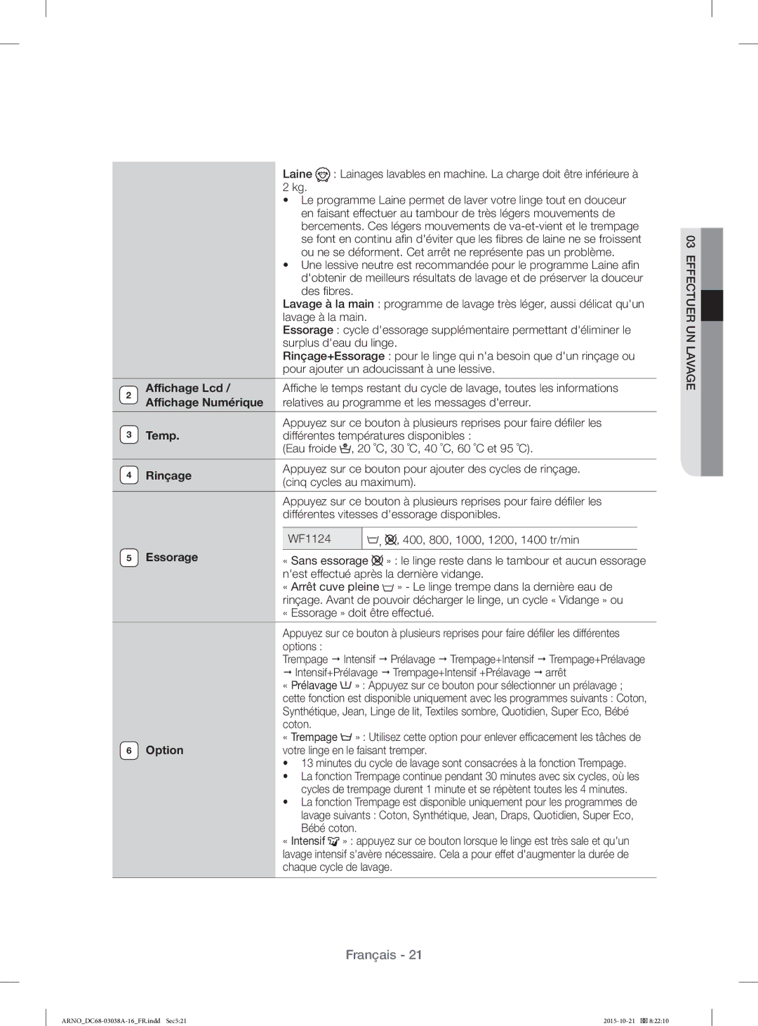 Samsung WF1124XAC/XEF, WF1124XBC/XEF manual Affichage Lcd, Affichage Numérique, Temp, Rinçage, Essorage, Option 