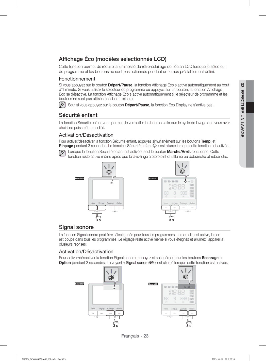 Samsung WF1124XAC/XEF, WF1124XBC/XEF manual Affichage Éco modèles sélectionnés LCD, Sécurité enfant, Signal sonore 