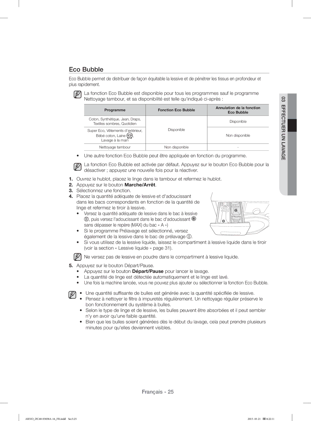 Samsung WF1124XAC/XEF, WF1124XBC/XEF manual Eco Bubble, Sans dépasser le repère MAX du bac « a » 