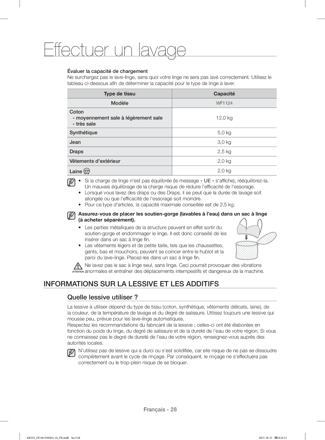 Samsung WF1124XBC/XEF manual Informations SUR LA Lessive ET LES Additifs, Quelle lessive utiliser ?, Type de tissu Capacité 