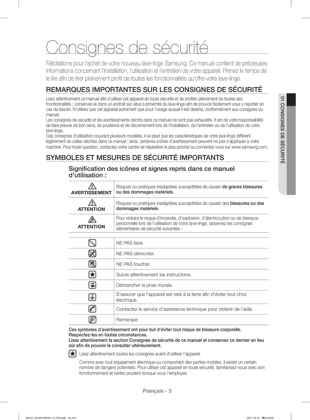 Samsung WF1124XAC/XEF, WF1124XBC/XEF manual Consignes de sécurité, Remarques Importantes SUR LES Consignes DE Sécurité 