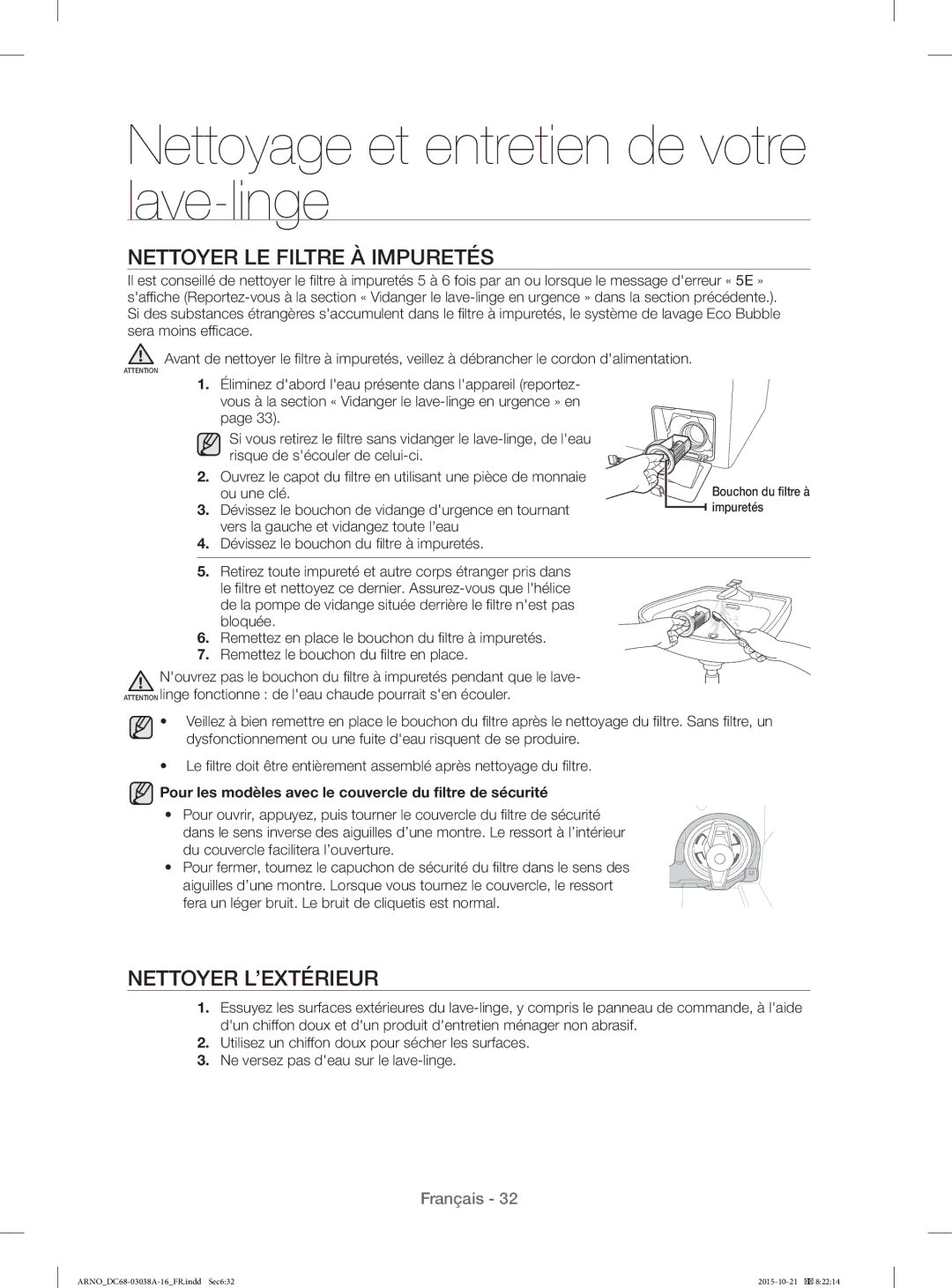 Samsung WF1124XBC/XEF, WF1124XAC/XEF manual Nettoyer LE Filtre À Impuretés, Nettoyer L’EXTÉRIEUR, Ou une clé 