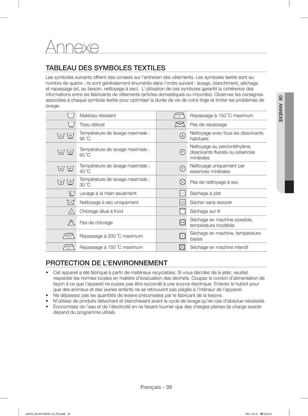 Samsung WF1124XAC/XEF, WF1124XBC/XEF manual Annexe, Tableau DES Symboles Textiles, Protection DE L’ENVIRONNEMENT 