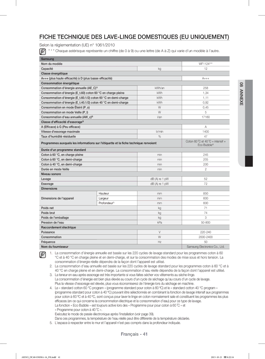 Samsung WF1124XAC/XEF Fiche Technique DES LAVE-LINGE Domestiques EU Uniquement, Selon la réglementation UE n 1061/2010 