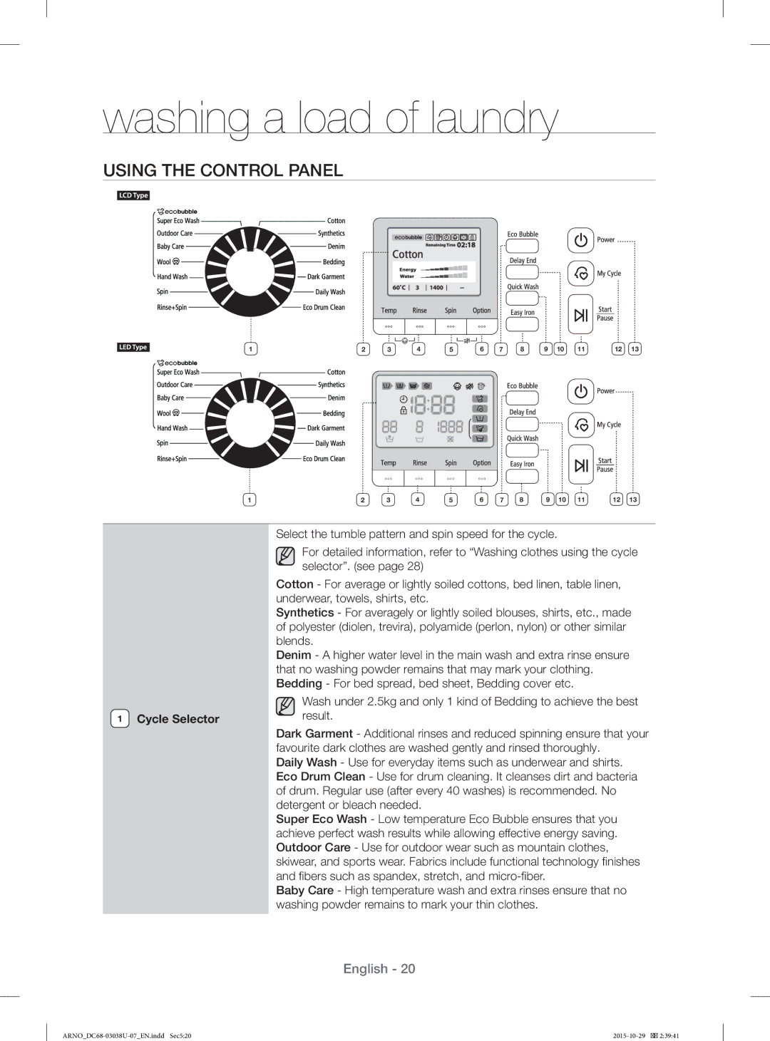 Samsung WF1124XBC/XSV manual Using the Control Panel, Cycle Selector Result 