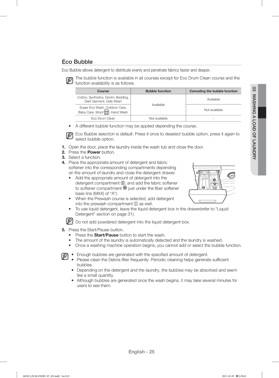 Samsung WF1124XBC/XSV manual Eco Bubble, Course Bubble function Canceling the bubble function 