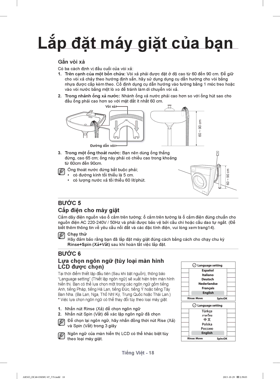 Samsung WF1124XBC/XSV manual Cấp điện cho máy giặt, Lựa chọn ngôn ngữ tùy loại màn hình LCD được chọn, Chạy thử 