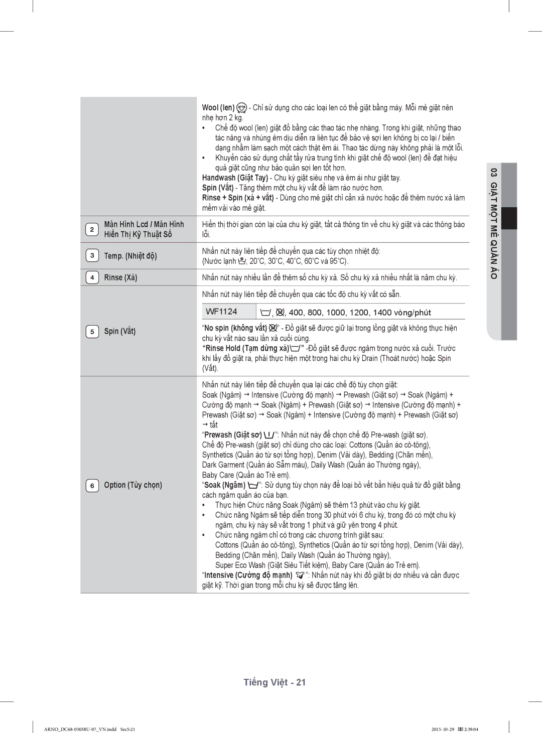 Samsung WF1124XBC/XSV manual Hiển Thị Kỹ Thuật Số, Temp. Nhiệt độ, Rinse Xả, Spin Vắt 