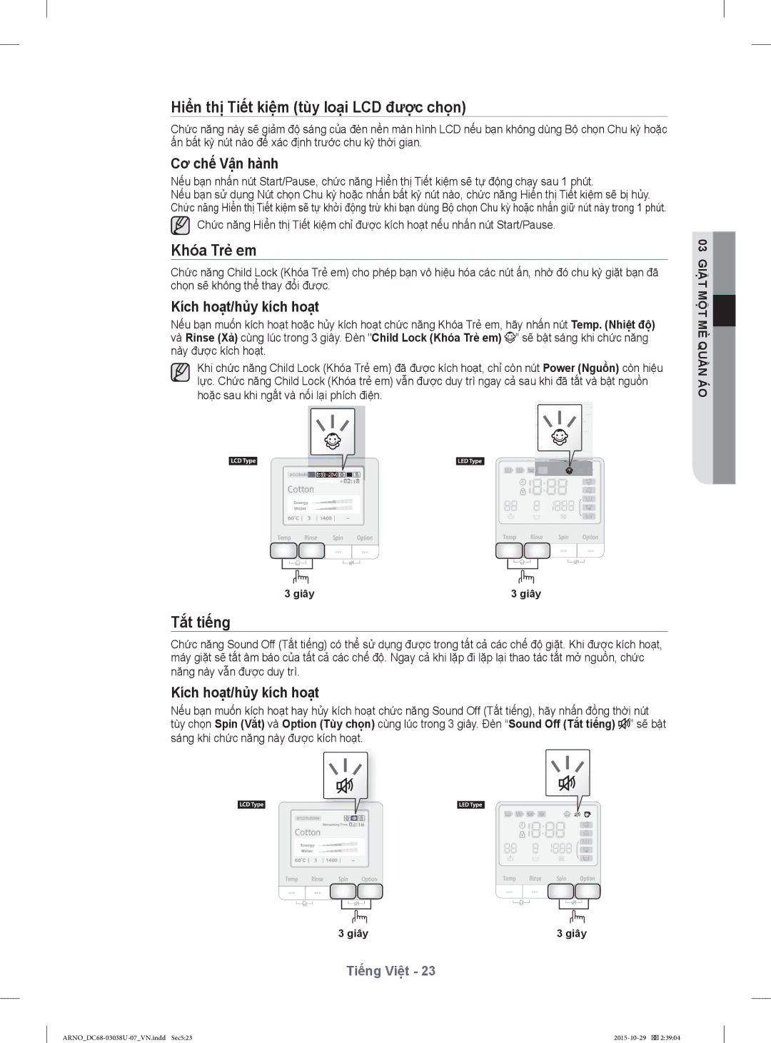 Samsung WF1124XBC/XSV manual Hiển thị Tiết kiệm tùy loại LCD được chọn, Khóa Trẻ em, Tắt tiếng 