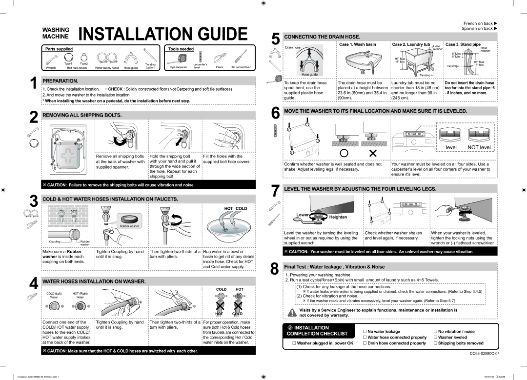 Samsung WF1124XBC/XSV manual Removing ALL Shipping Bolts, Cold & HOT Water Hoses Installation on Faucets 