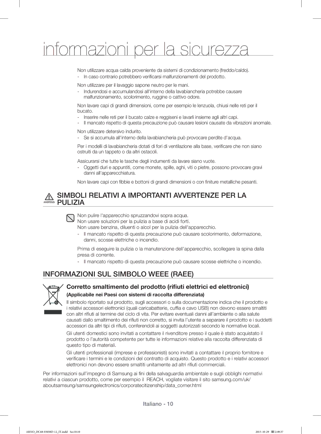 Samsung WF1124ZAC/XEN, WF1124ZAC/XET Simboli Relativi a Importanti Avvertenze PER LA, Informazioni SUL Simbolo Weee Raee 