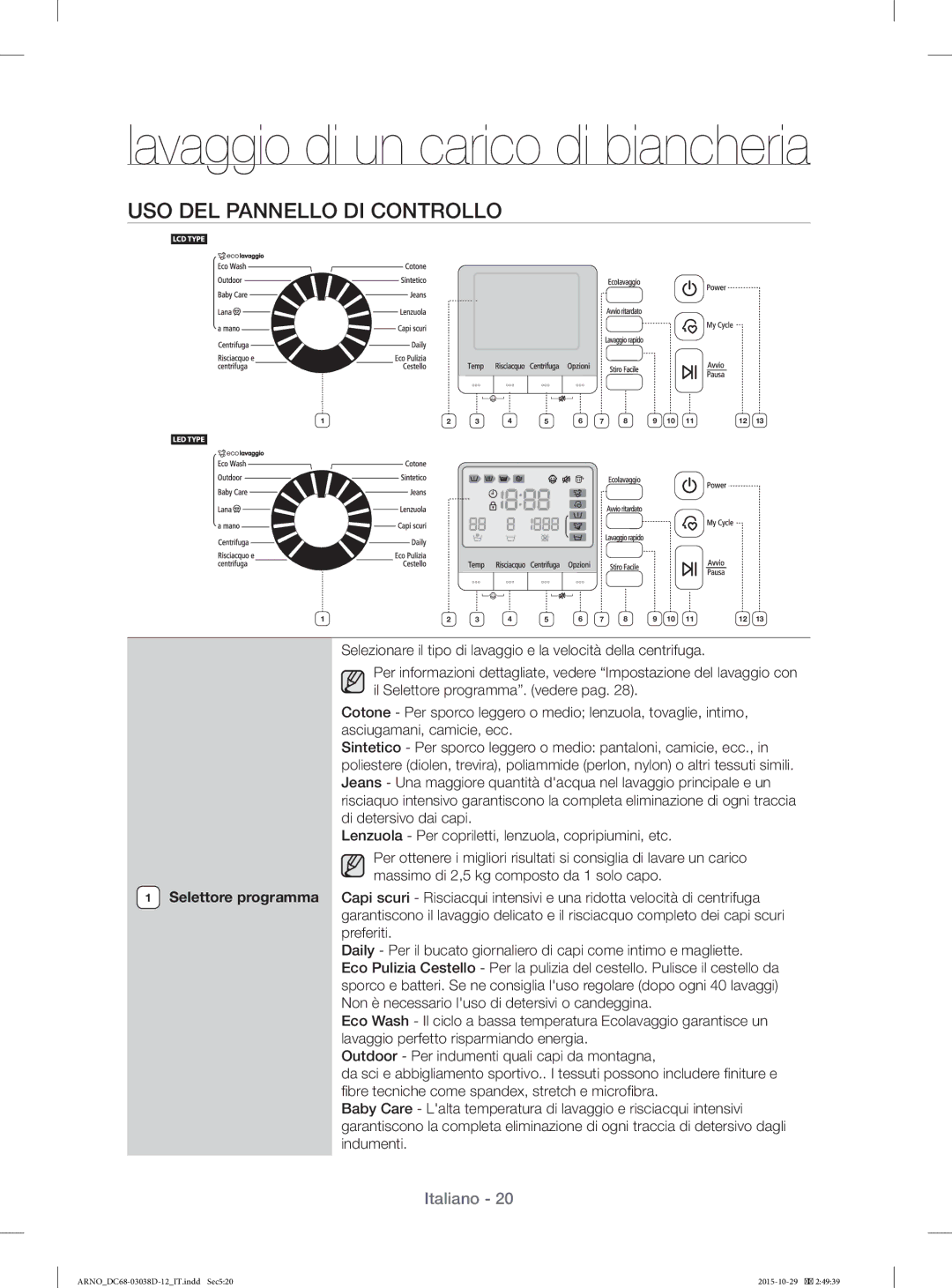 Samsung WF1124ZAC/XEN, WF1124ZAC/XET manual Lavaggio di un carico di biancheria, USO DEL Pannello DI Controllo 