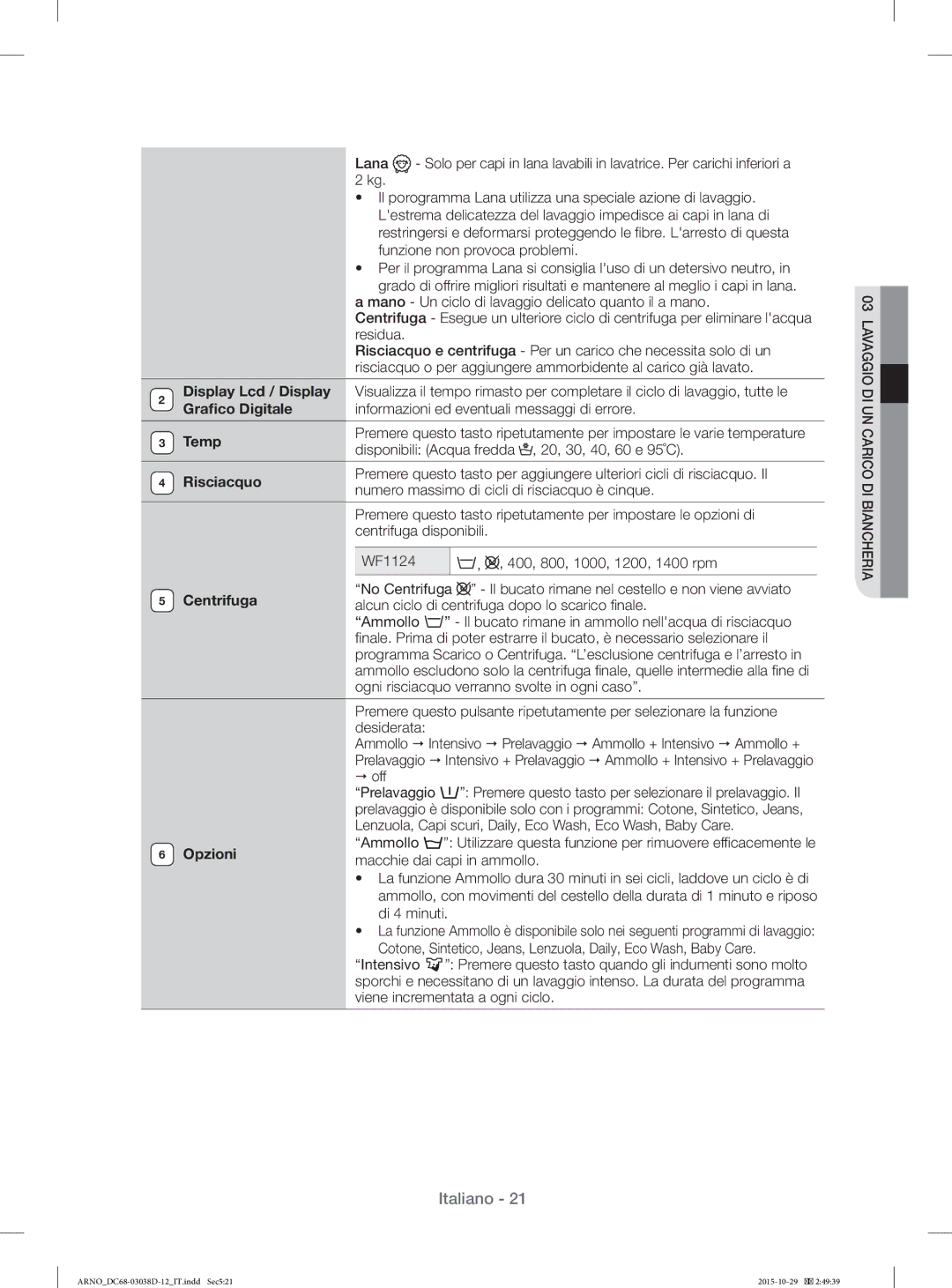 Samsung WF1124ZAC/XET, WF1124ZAC/XEN manual Display Lcd / Display, Graﬁco Digitale, Temp, Risciacquo, Opzioni 