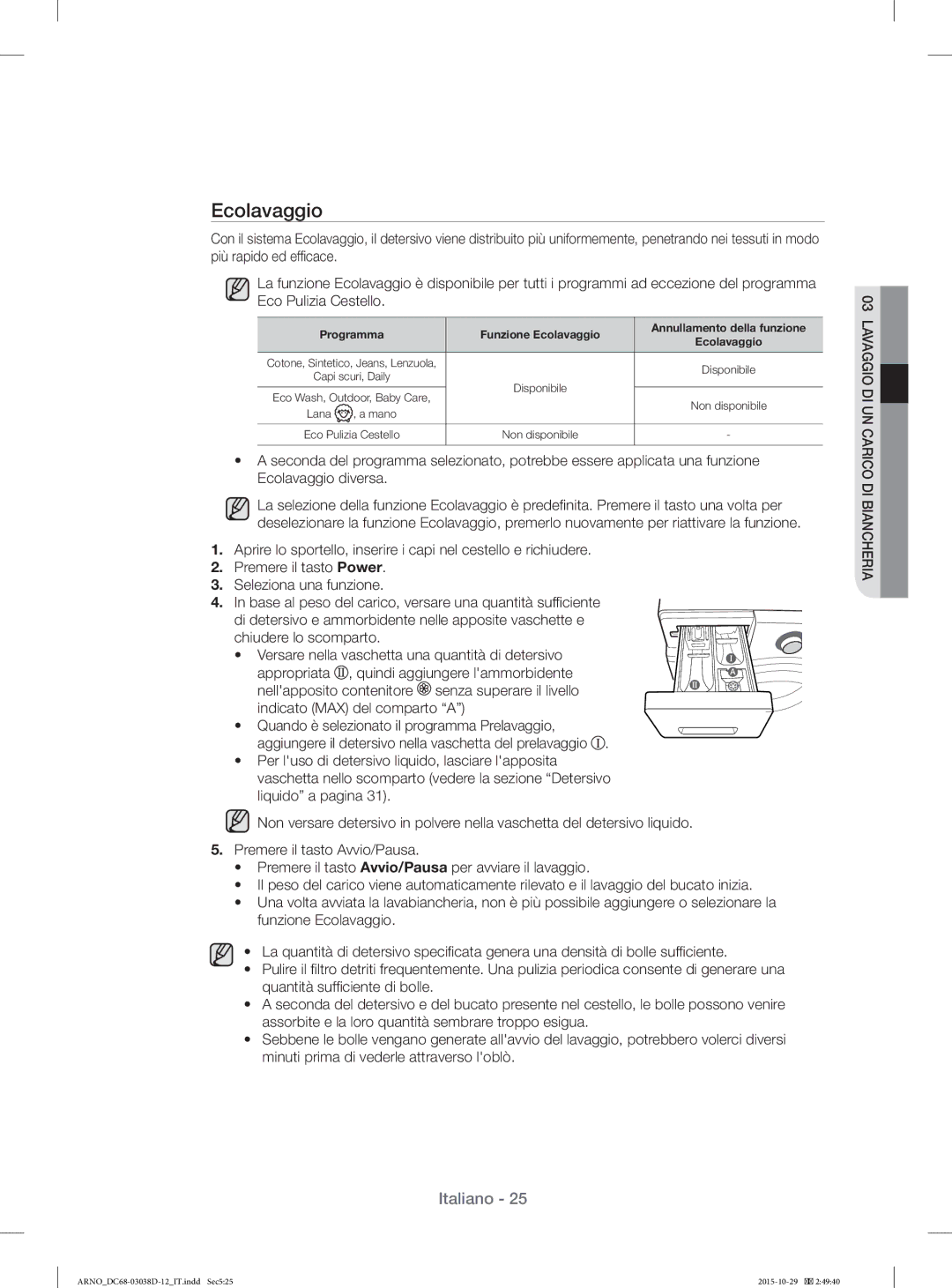 Samsung WF1124ZAC/XET, WF1124ZAC/XEN manual Programma Funzione Ecolavaggio Annullamento della funzione 