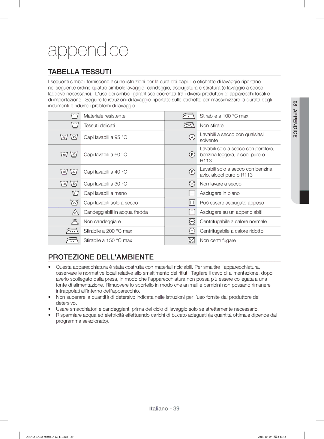 Samsung WF1124ZAC/XET, WF1124ZAC/XEN manual Appendice, Tabella Tessuti, Protezione Dellambiente 