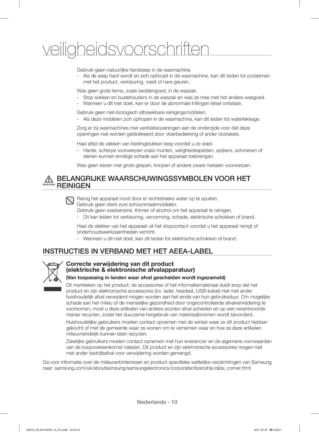 Samsung WF1124ZAC/XEN manual Belangrĳke Waarschuwingssymbolen Voor HET, Instructies in Verband MET HET AEEA-LABEL 