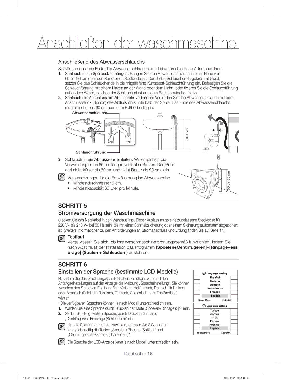 Samsung WF1124ZAC/XEN manual Stromversorgung der Waschmaschine, Einstellen der Sprache bestimmte LCD-Modelle 