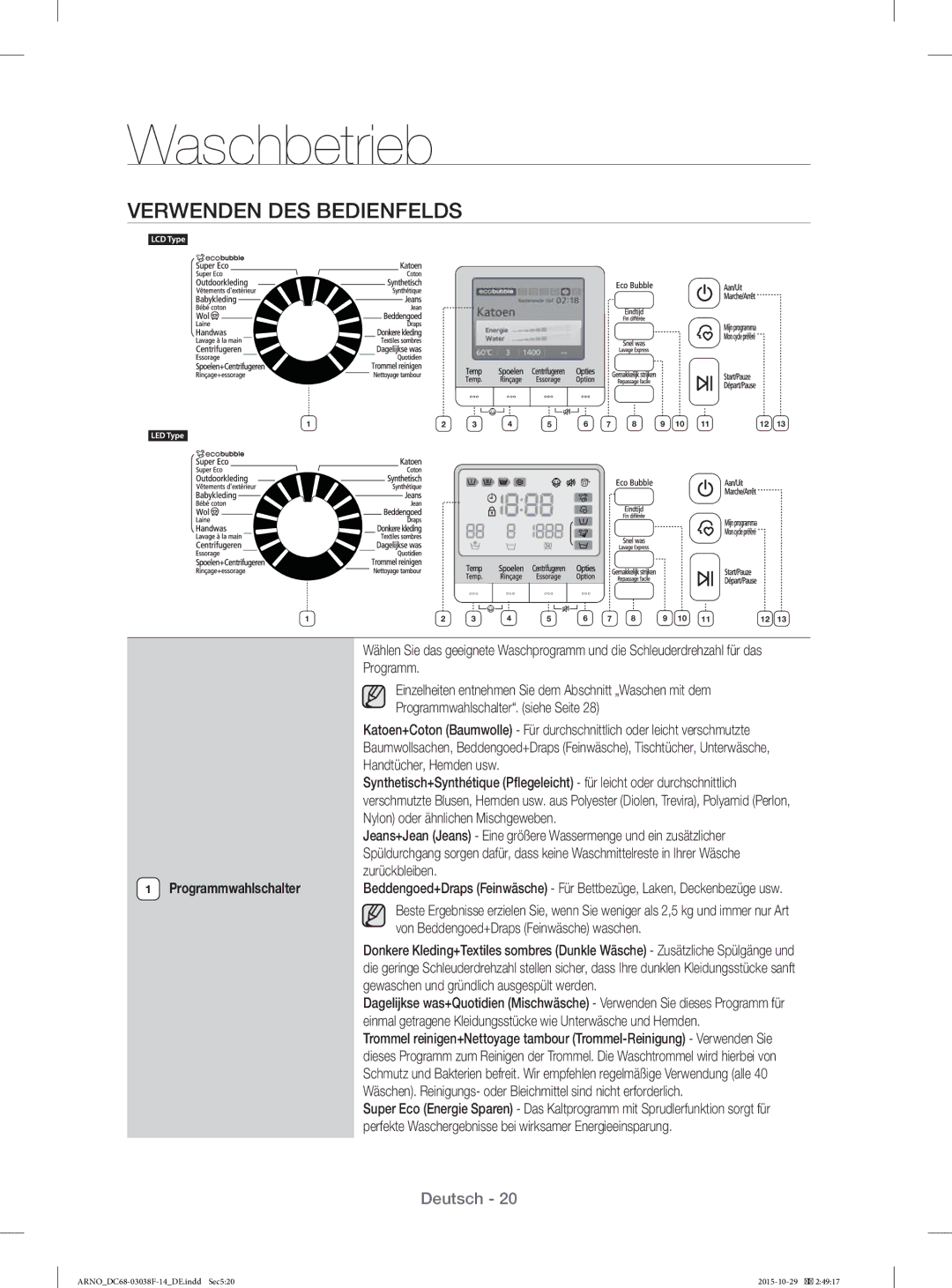 Samsung WF1124ZAC/XEN manual Verwenden DES Bedienfelds, Programm 