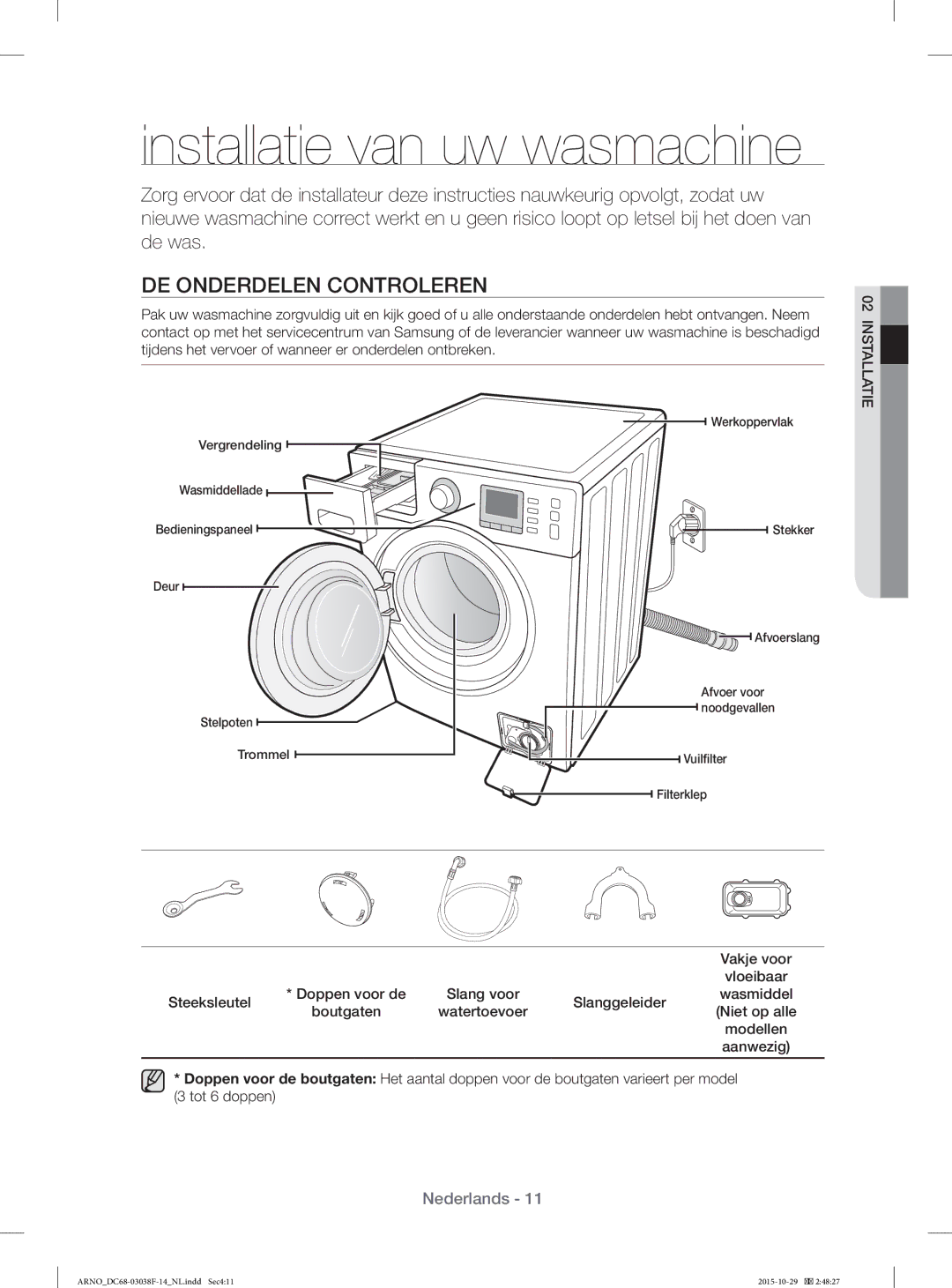 Samsung WF1124ZAC/XEN manual Installatie van uw wasmachine, DE Onderdelen Controleren, Steeksleutel, Slanggeleider 