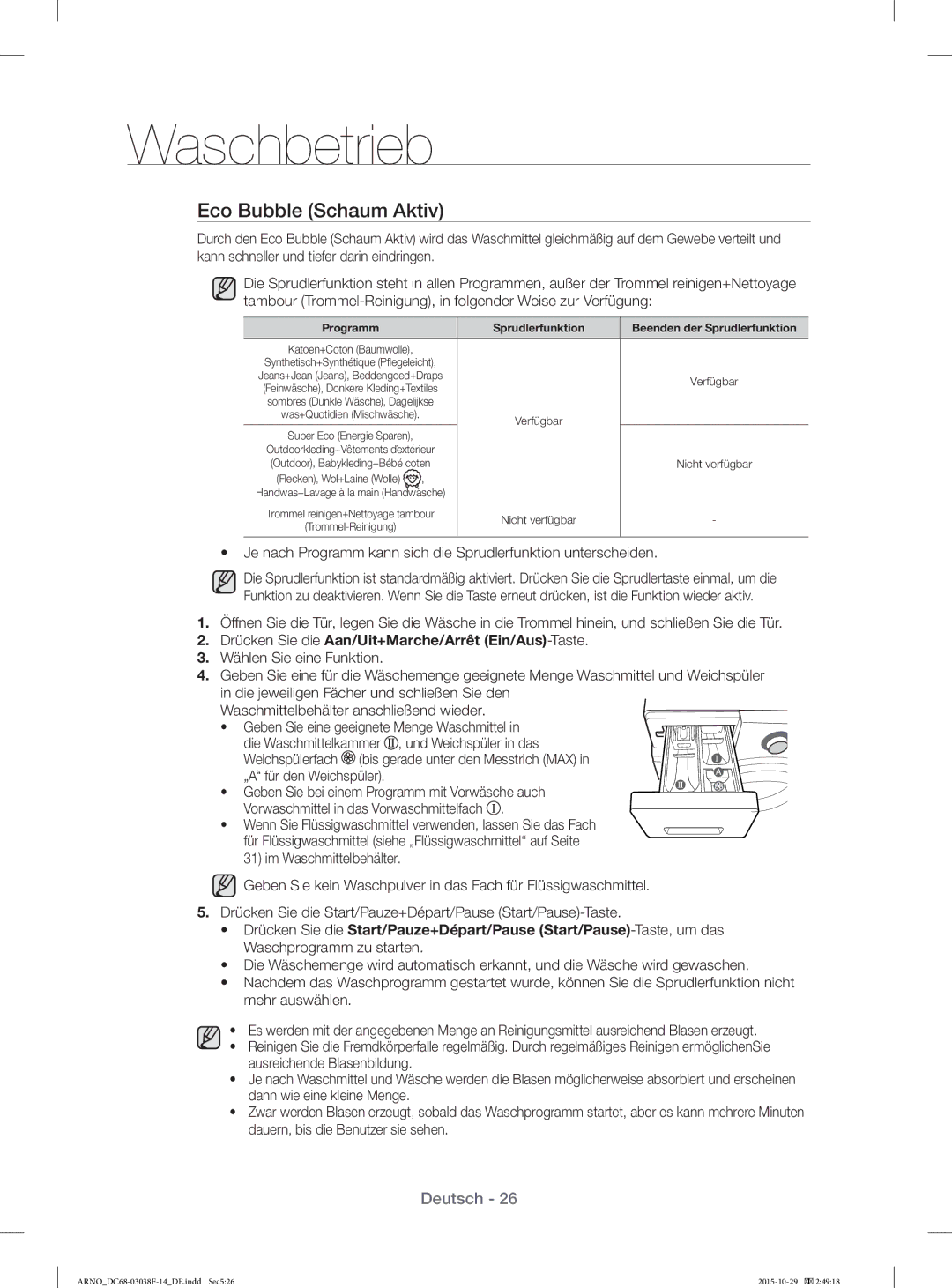 Samsung WF1124ZAC/XEN manual Eco Bubble Schaum Aktiv, Programm Sprudlerfunktion Beenden der Sprudlerfunktion 