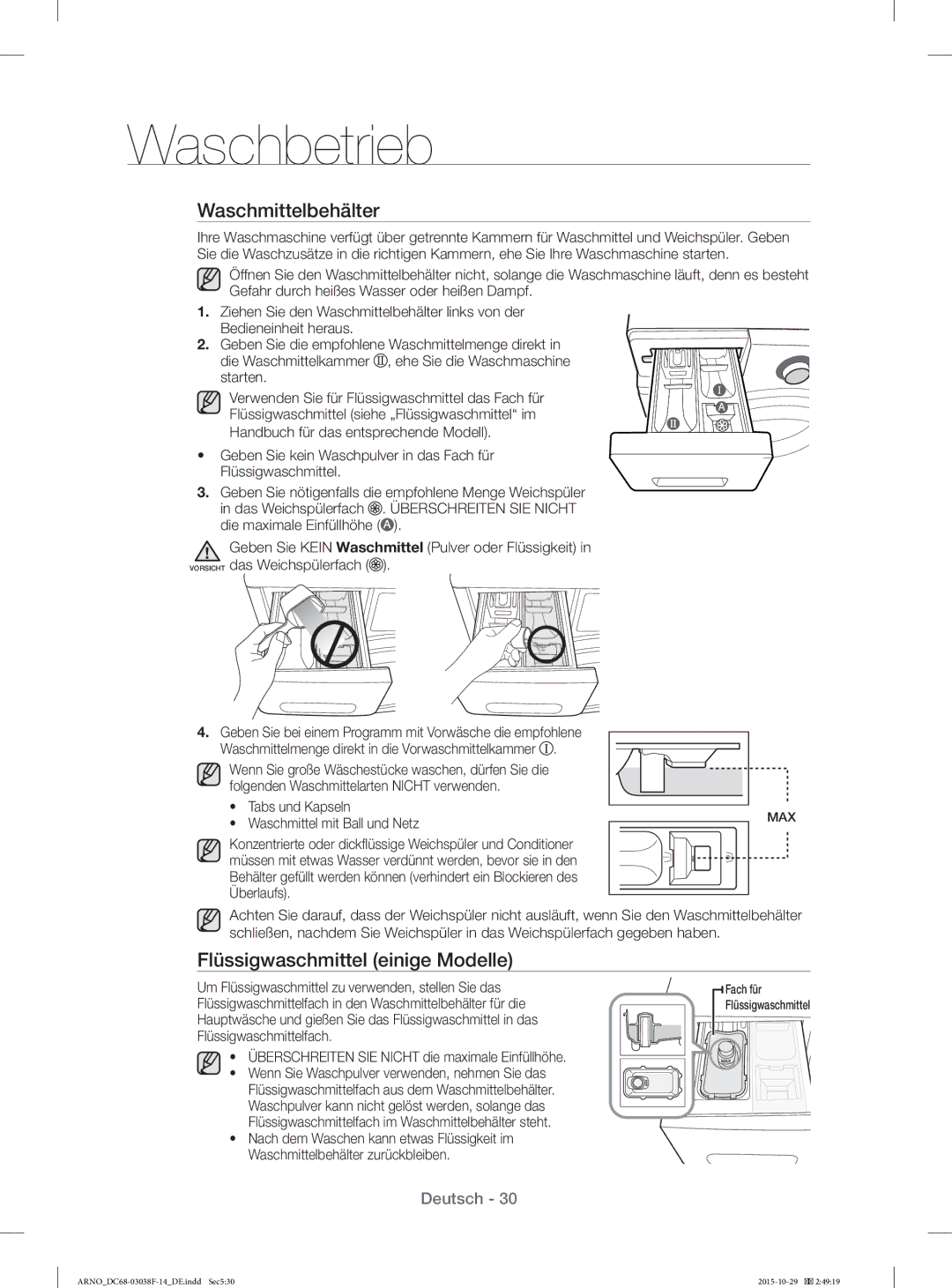 Samsung WF1124ZAC/XEN manual Waschmittelbehälter, Flüssigwaschmittel einige Modelle 