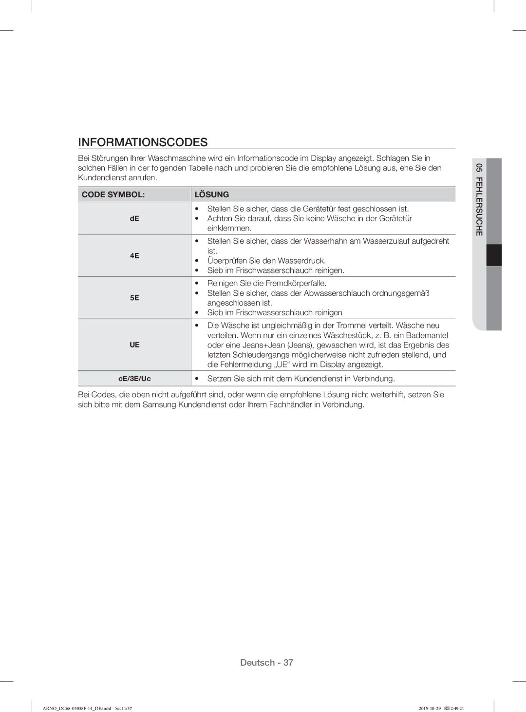 Samsung WF1124ZAC/XEN manual Informationscodes 