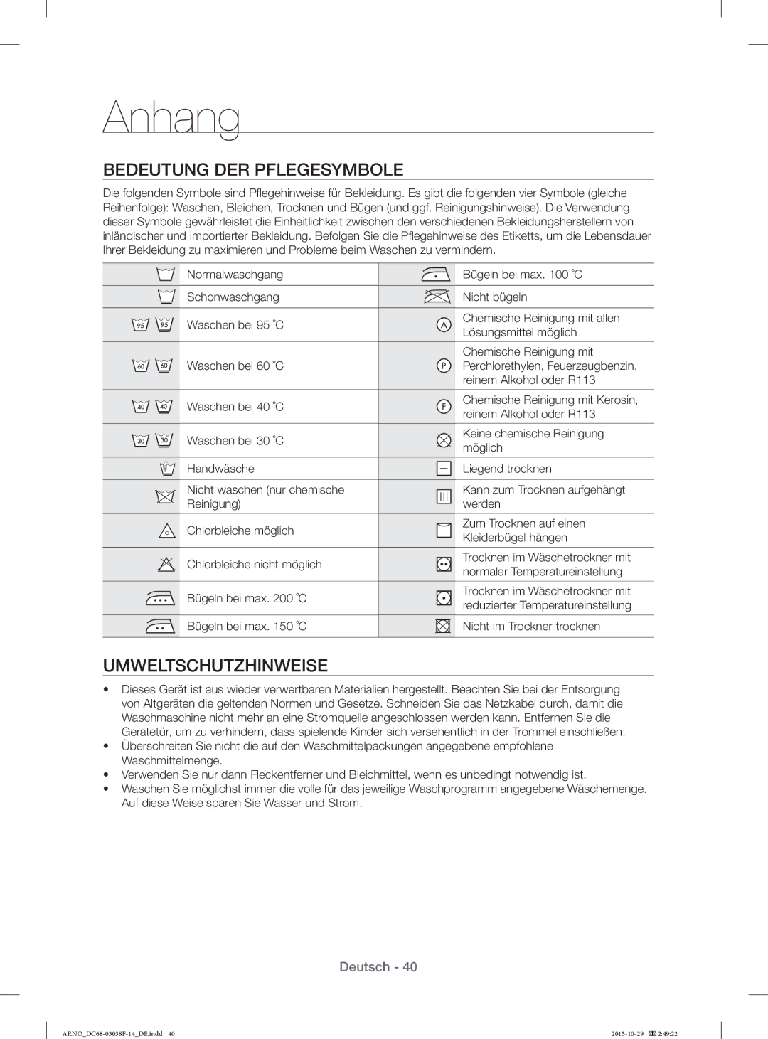 Samsung WF1124ZAC/XEN manual Anhang, Bedeutung DER Pflegesymbole, Umweltschutzhinweise, Reinem Alkohol oder R113 