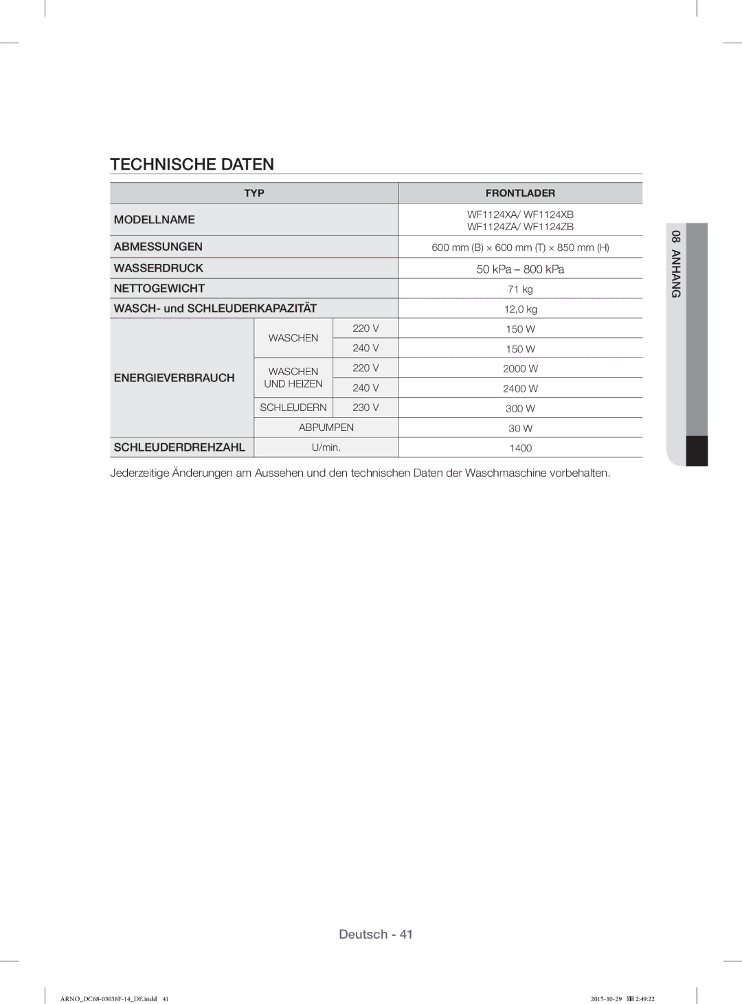 Samsung WF1124ZAC/XEN manual Technische Daten, WASCH- und Schleuderkapazität 