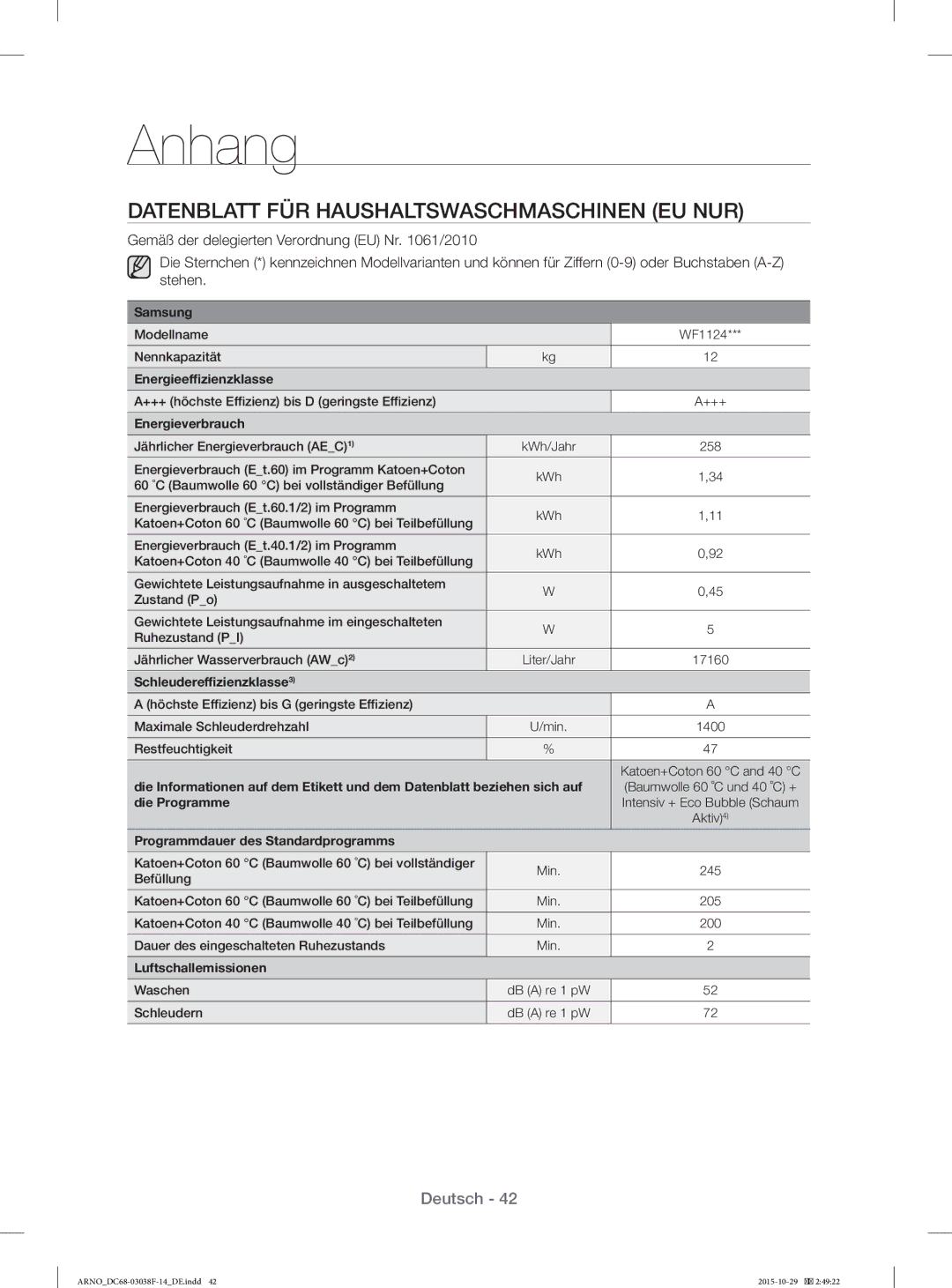 Samsung WF1124ZAC/XEN manual Datenblatt FÜR Haushaltswaschmaschinen EU NUR, Energieverbrauch 