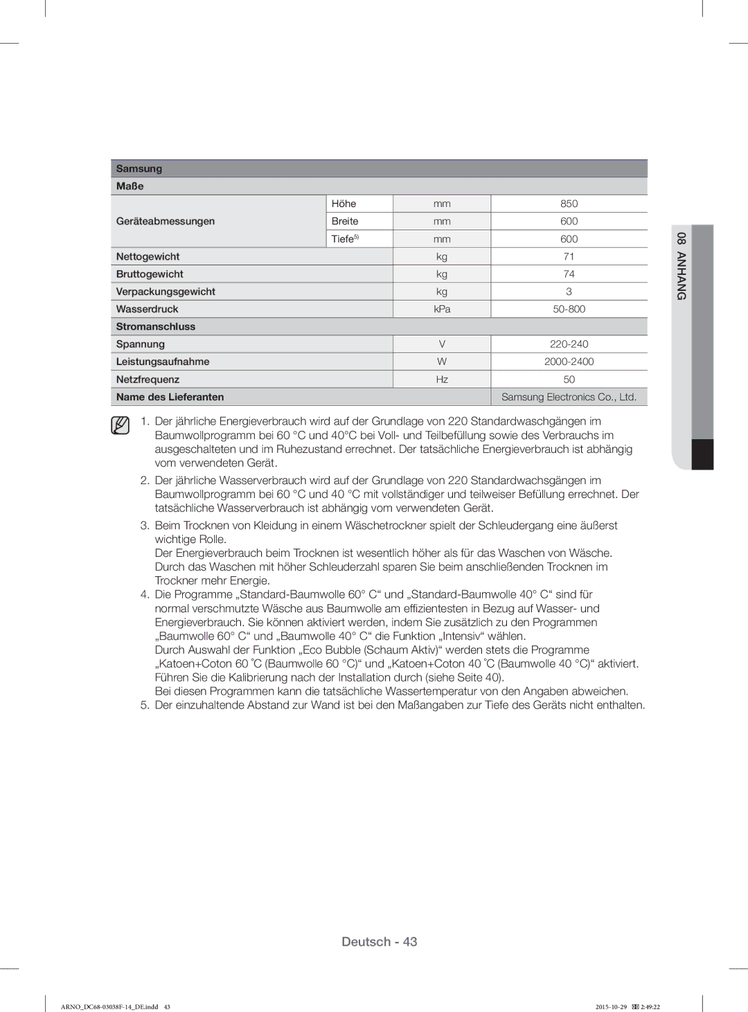 Samsung WF1124ZAC/XEN manual Stromanschluss 