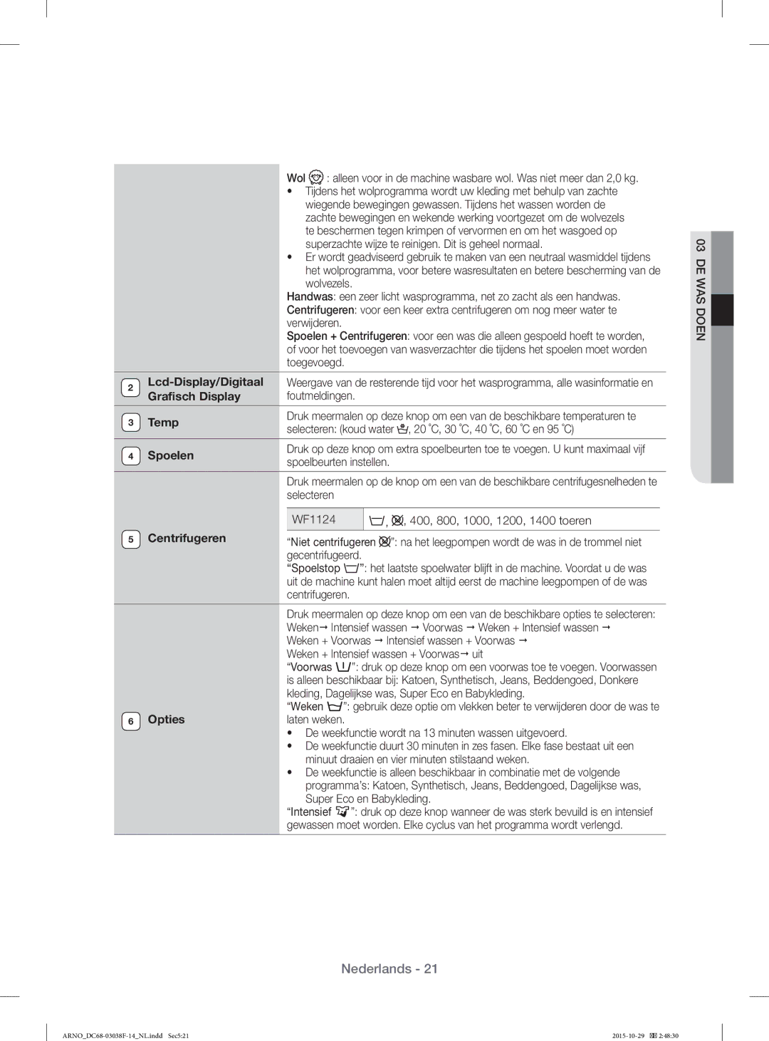 Samsung WF1124ZAC/XEN manual Graﬁsch Display, Temp, Spoelen, Centrifugeren, Opties 