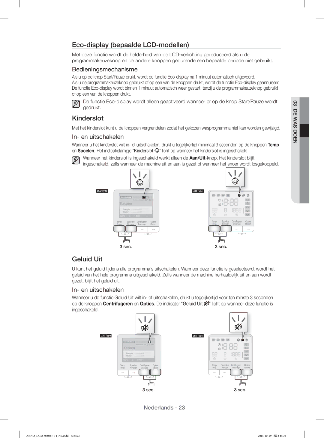 Samsung WF1124ZAC/XEN Eco-display bepaalde LCD-modellen, Kinderslot, Geluid Uit, Bedieningsmechanisme, In- en uitschakelen 